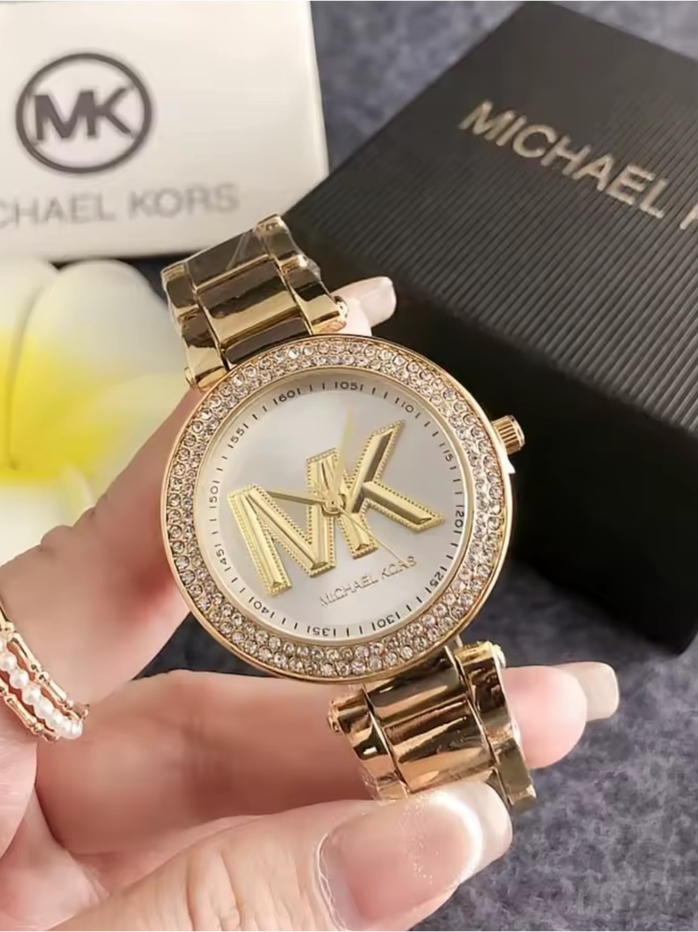 Michael Kors Gold-Tone MK Logo Crystal Bracelet Watch